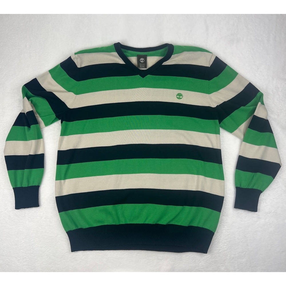 Timberland Mens V Neck Striped Sweater Green Navy Cream XL Regular‎ Fit Cotton